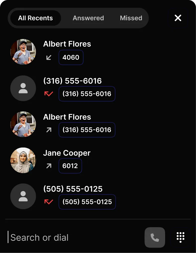Dialer panel with recent calls and a search bar