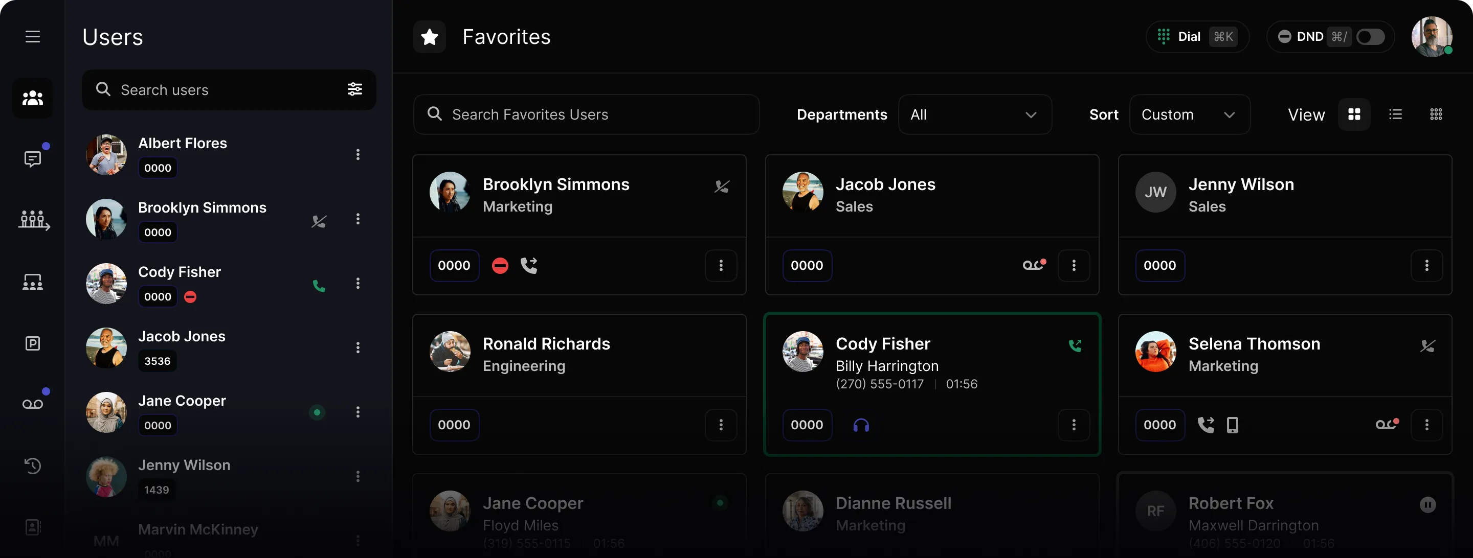Call Panel dashboard with the Users list and a Favorites grid of contacts