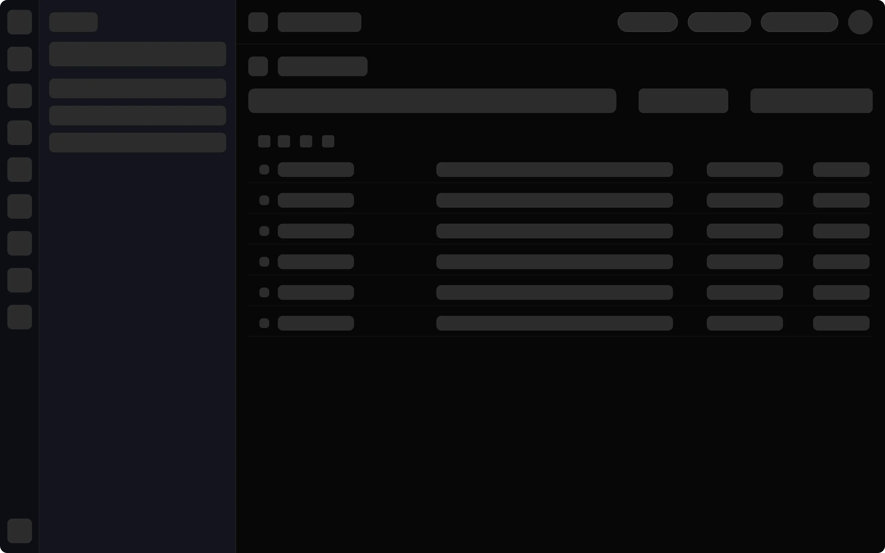 Wireframe of the new layout: navigation rail, sidebar, main content and header